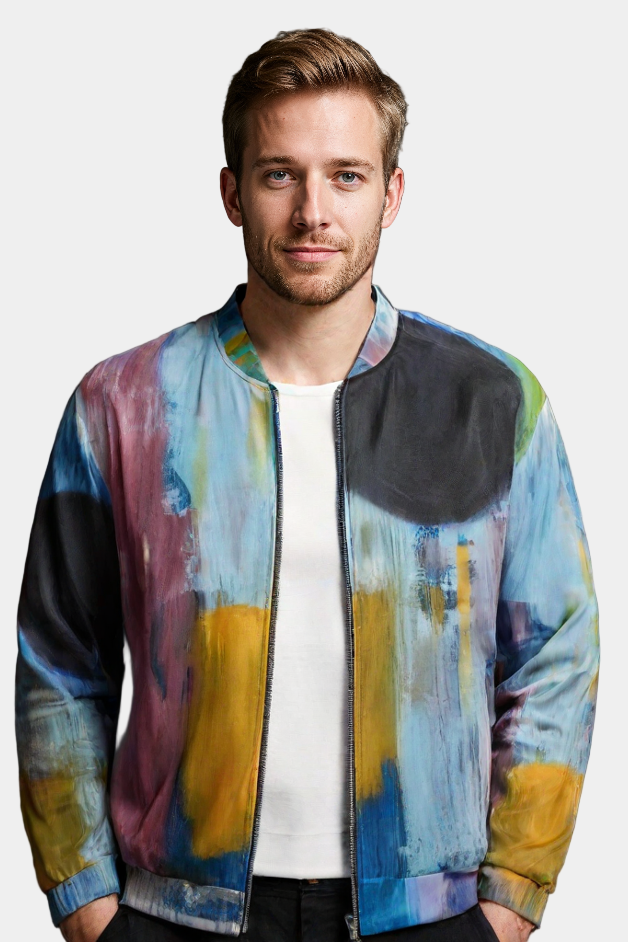 Man wearing a colorful jacket with abstract patterns on a light background