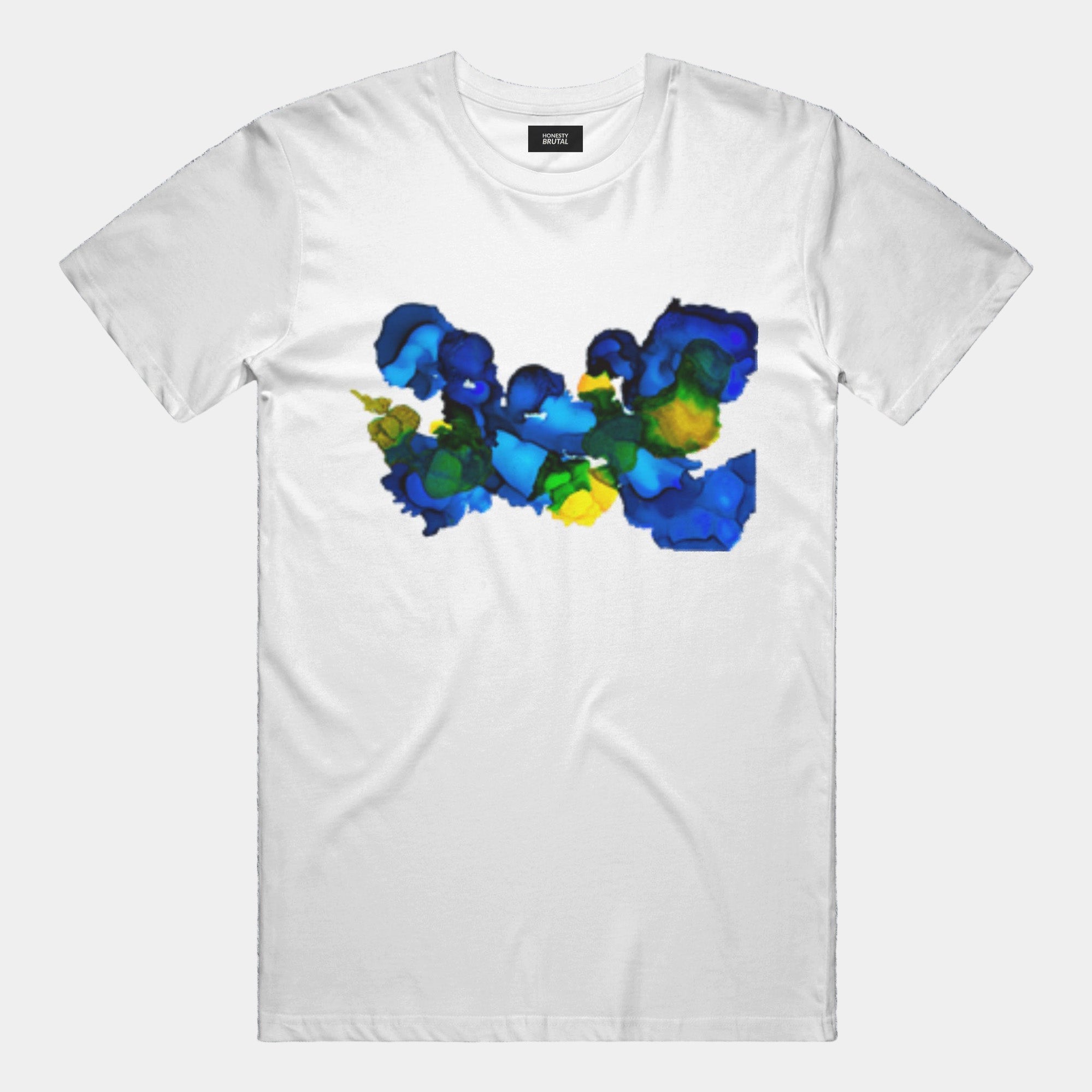 White t-shirt with a colorful floral design on a textured gray background
