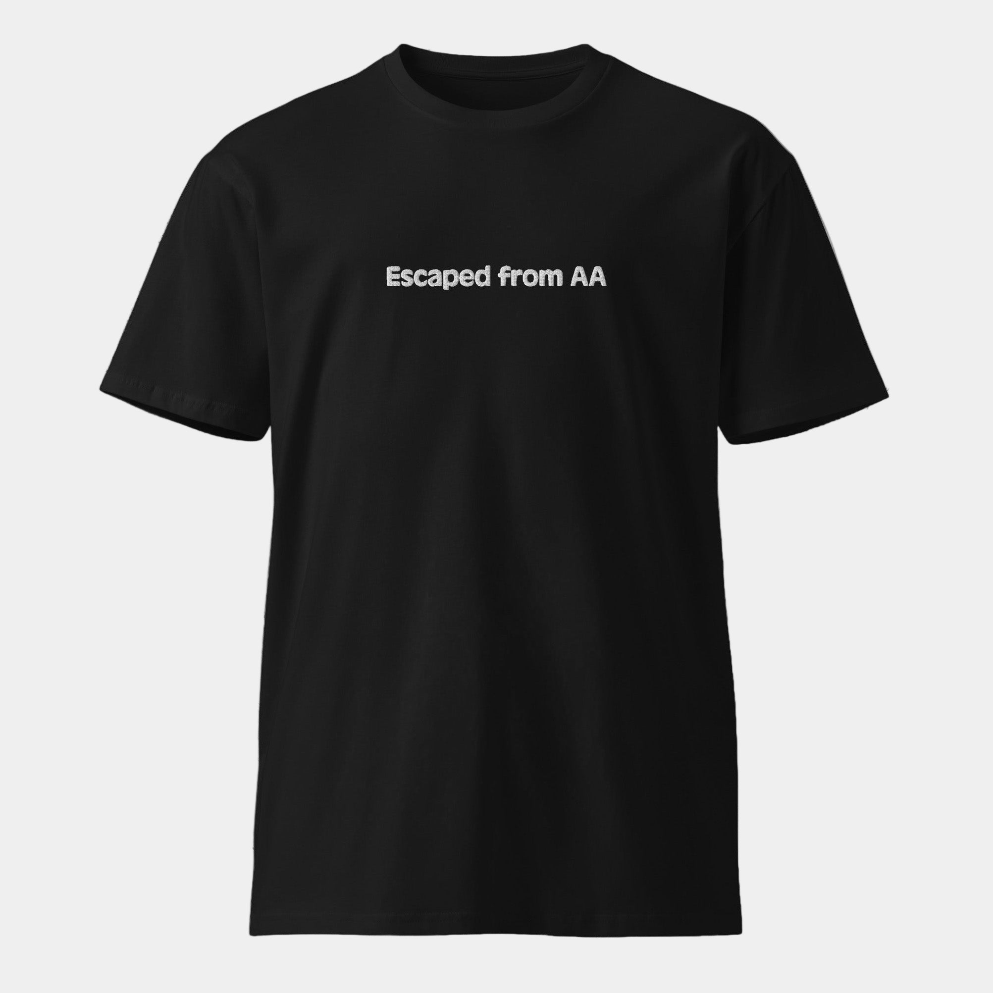 Black t-shirt with 'Escaped from AA' text on a marble background
