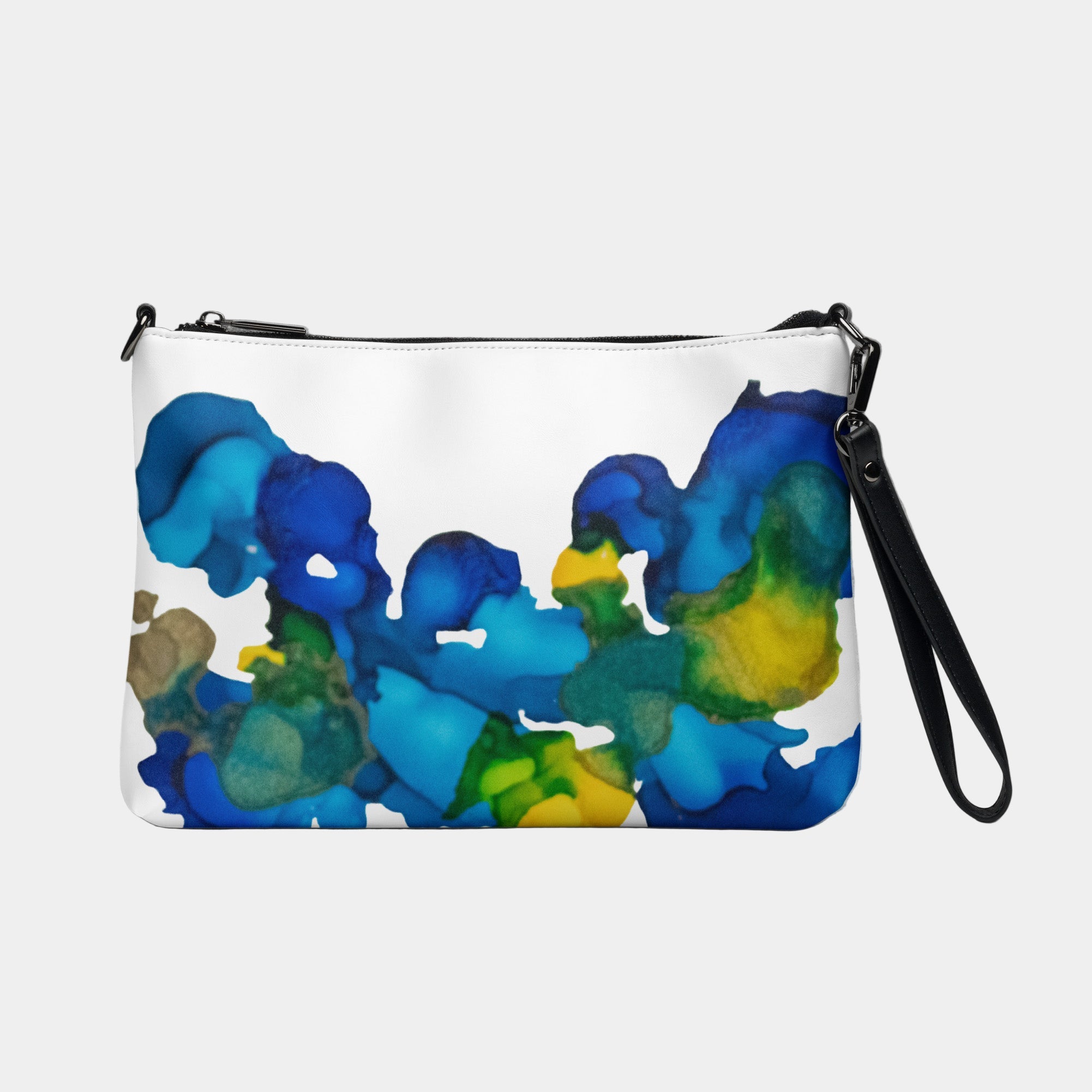 White pouch with blue and green abstract design on a gray background