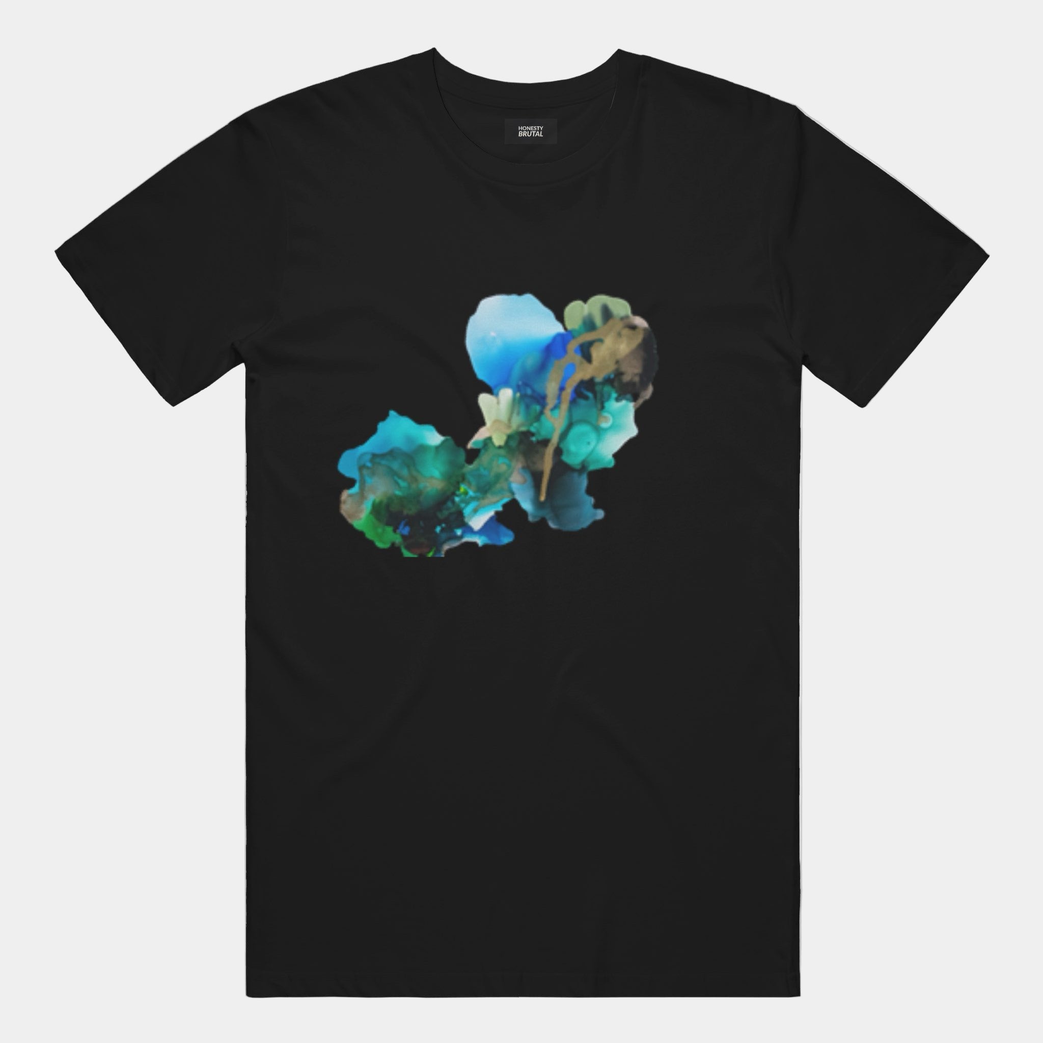 Black t-shirt with a colorful dinosaur graphic on a light gray background