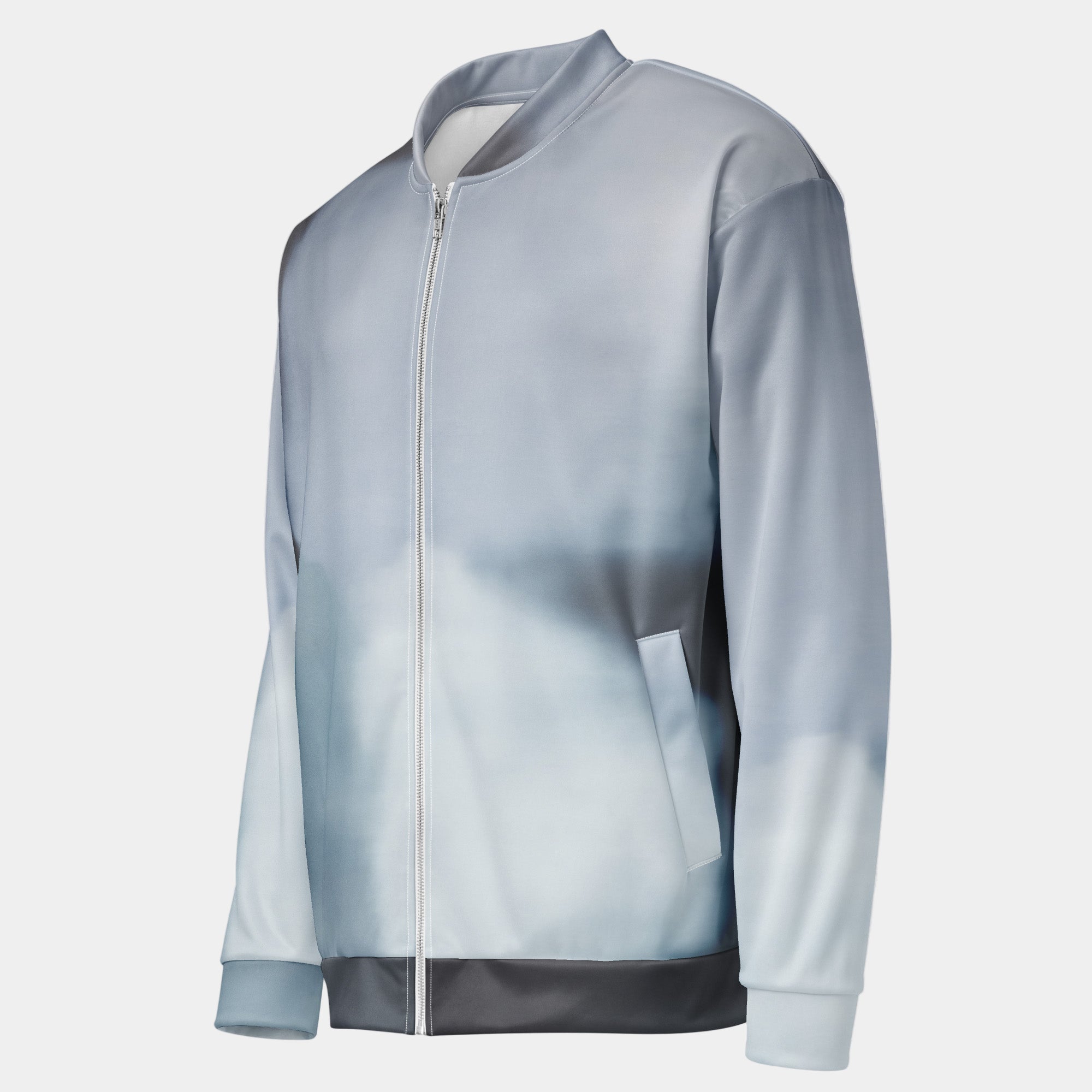 Light blue and gray gradient jacket on a textured light gray background