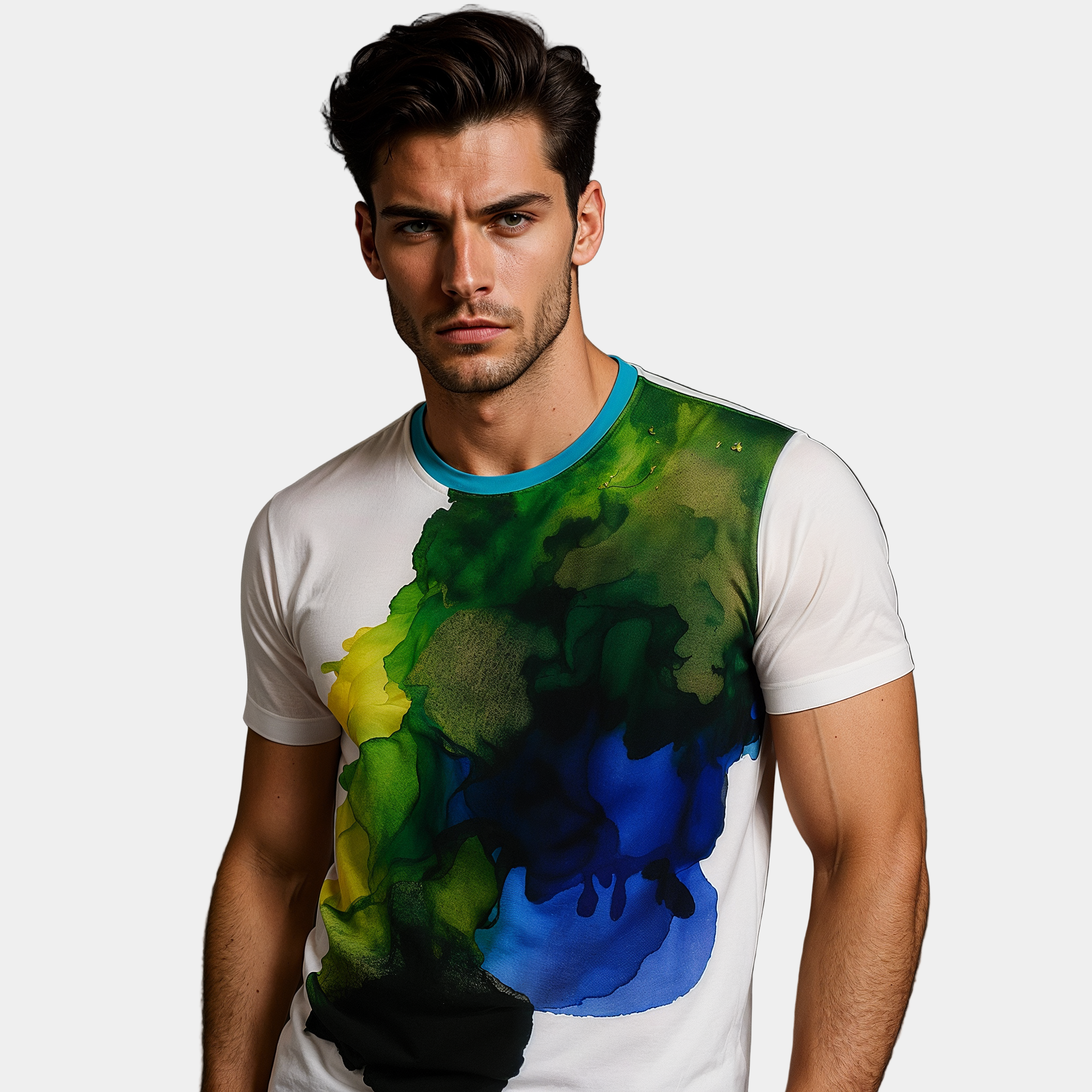 Man wearing a colorful t-shirt with abstract design on a gray background