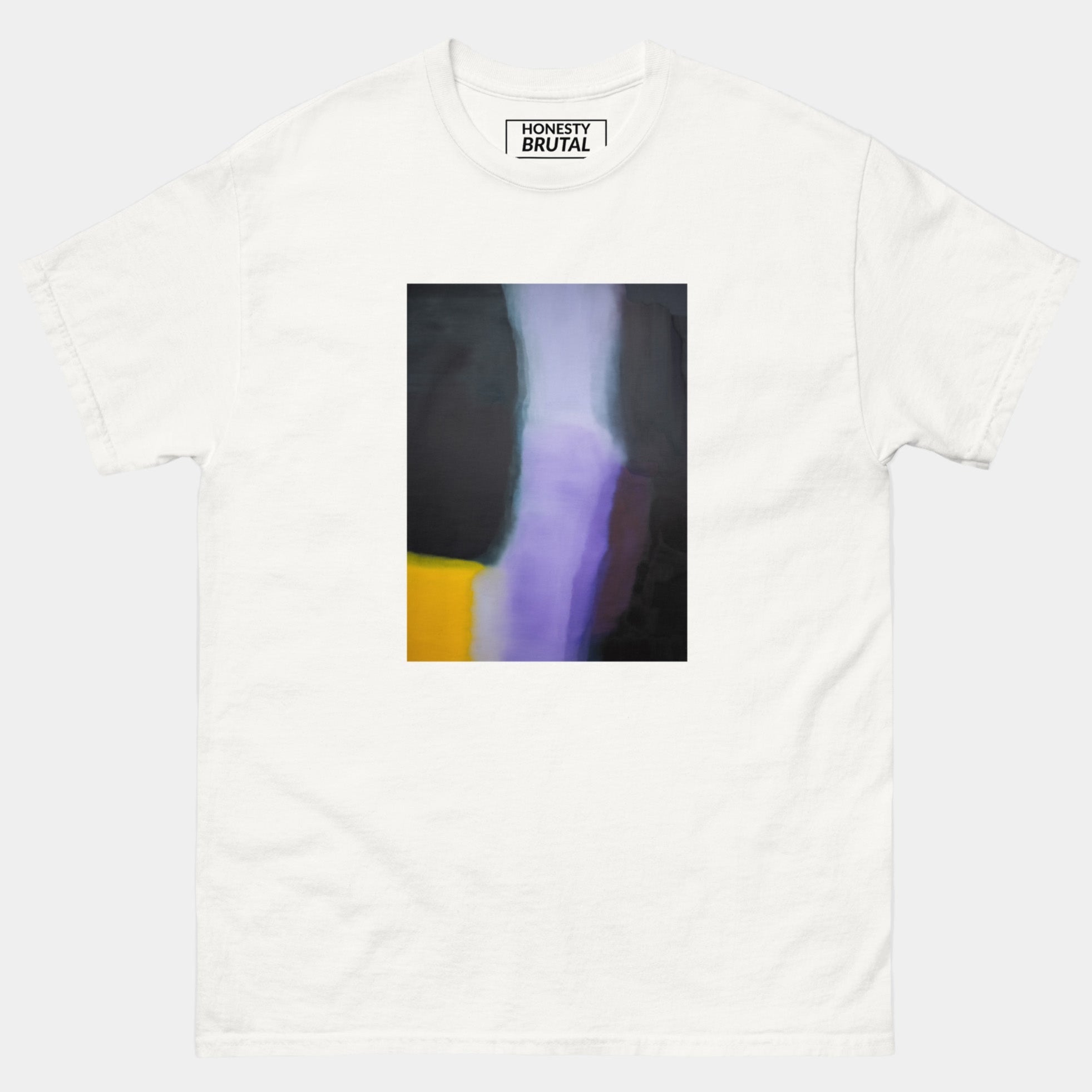 White t-shirt with a graphic design and 'Honesty Brutal' text on a gray background