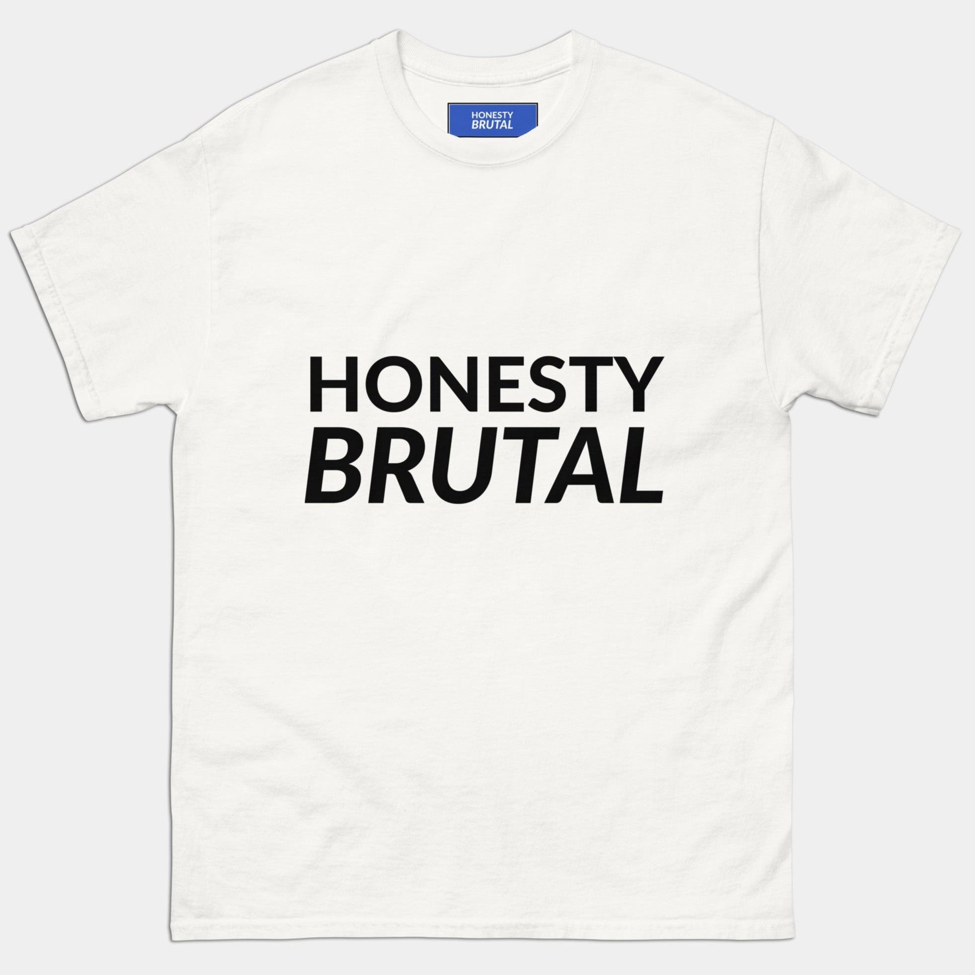 White t-shirt with 'HONESTY BRUTAL' text on a white background